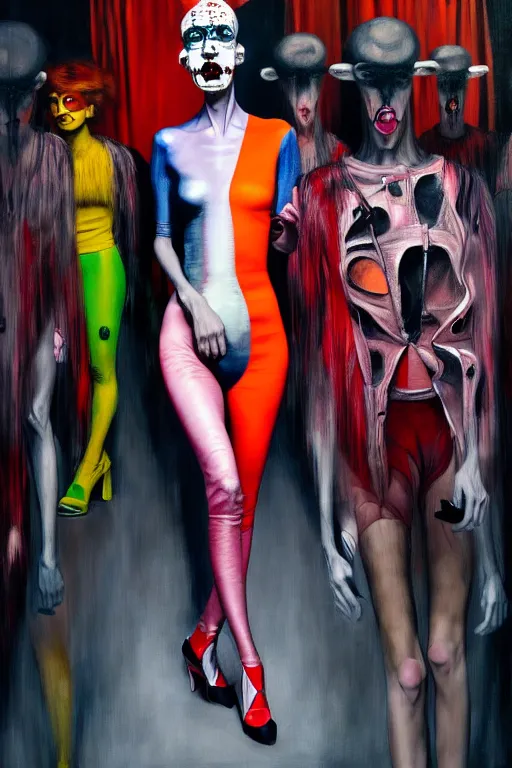 Image similar to crazy fashion catwalk, latex, constructivism, freak show, one model, crazy clothes, biopunk style, horror, hauntingly surreal, highly detailed painting by francis bacon, edward hopper, adrian ghenie, gerhard richter, and james jean 4 k