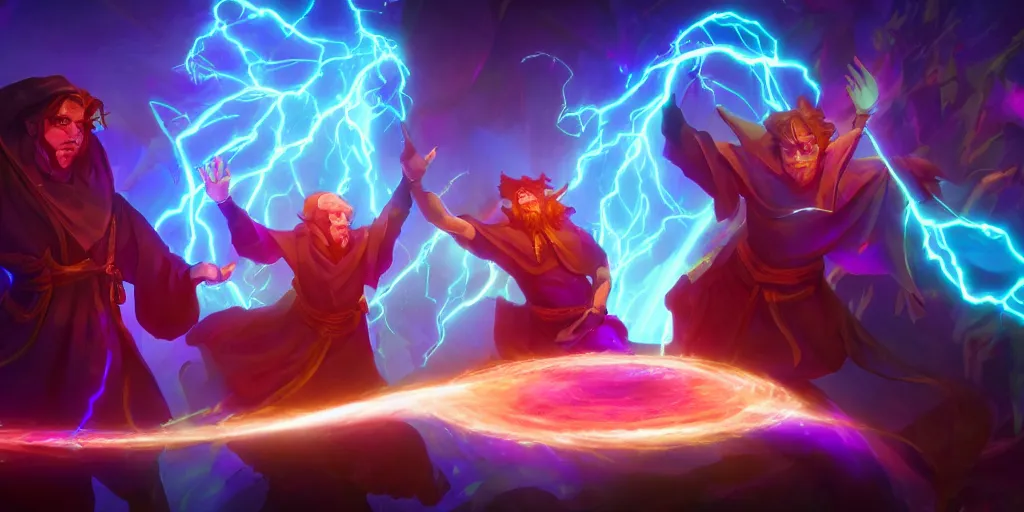 Image similar to brother mages, they are in front of a desk working on a new spell that is casting out flowing energy, colorful, flowing energy, light rays, medium shot, waist up, sharp, concept art, highly detailed, bloom, dramatic lighting, cinematic, by dreamworks