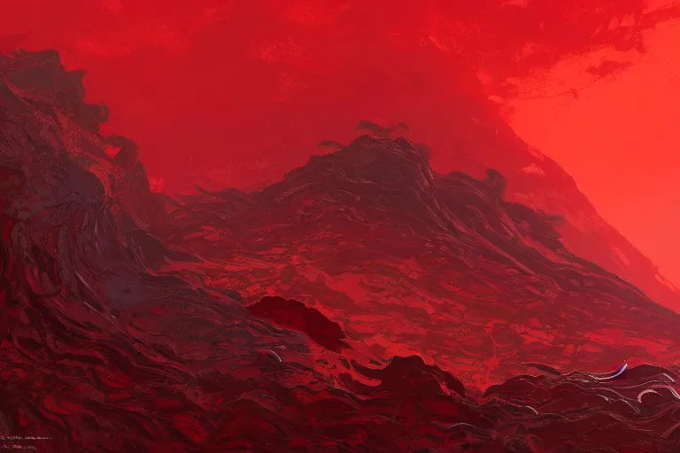 Image similar to red themed lava landscape, miyazaki style, cinematic, die hard, marvel, disney, indie, highly detailed, featured on artstation, highly detailed, abstract