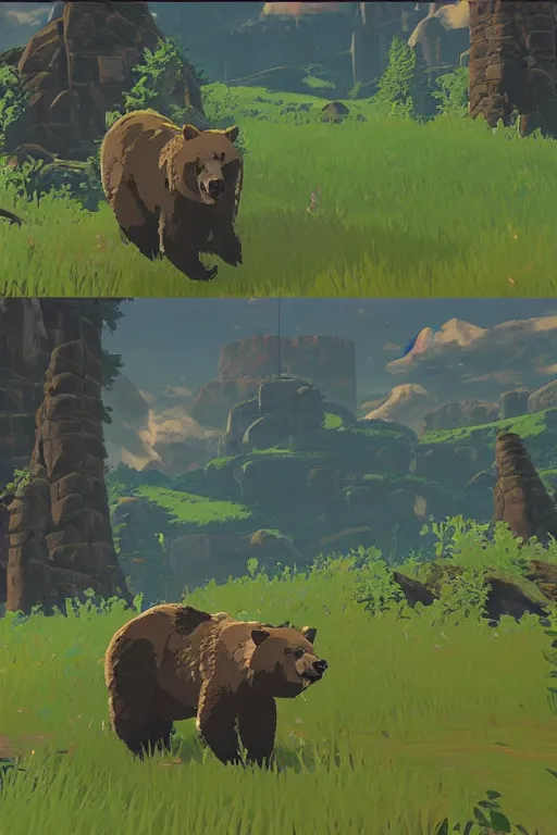 Image similar to in game footage of a grizzly bear from the legend of zelda breath of the wild, breath of the wild art style.