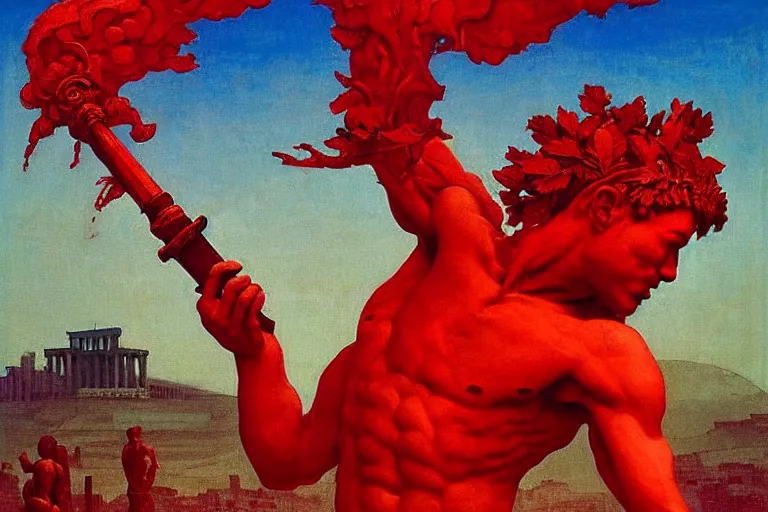 Image similar to only with red, a red melted apollo with a laurel wreath and a flaming sword announce win, athens in background, in the style of beksinski, parts by edward hopper, parts by rodcenko, parts by yue minjun, intricate and epic composition, red by caravaggio, insanely quality, highly detailed, masterpiece, red light, artstation, 4 k