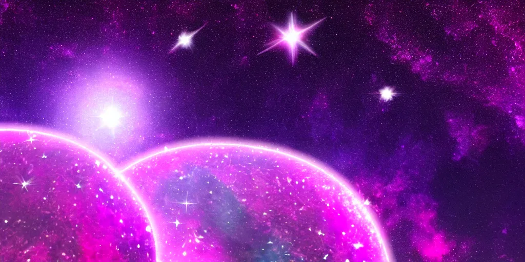 Image similar to magenta crystal planet with falling spaceship above, 🌌, sparkling stars, kaleidoscopic, 8k, high detail, wide shot