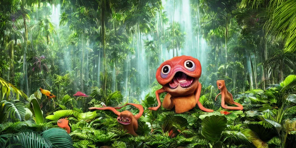 Prompt: of a tropical rainforest lake with strange cute friendly happy creatures with huge eyes, mouth, long tongue, round teeth and goofy face, appearing from the trees, in the style of gehry and gaudi, macro lens, shallow depth of field, ultra detailed, digital painting, trending artstation, concept art, illustration, cinematic lighting, photorealism, epic, octane render