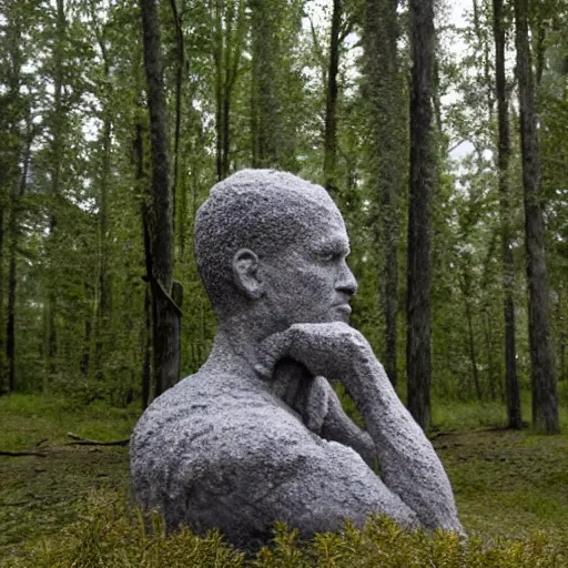 Image similar to the thinker sculpture disintegrating into dust, in a forest at dusk