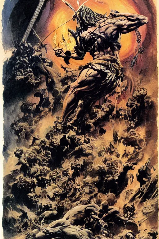 Prompt: Artwork by Frank Frazetta of the cinematic view of the Cenotaph of Ever-changing Blasphemy.