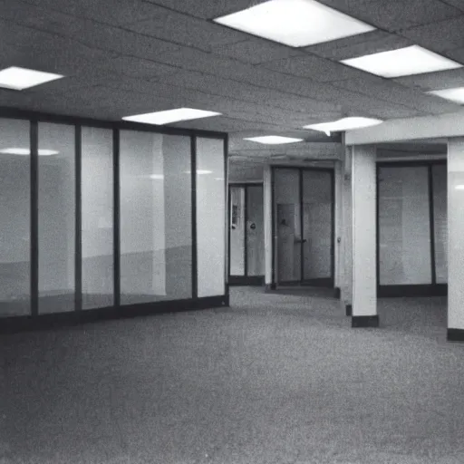 Image similar to photo of an empty 1 9 7 0 s office building, liminal space, grainy, compression artifacts