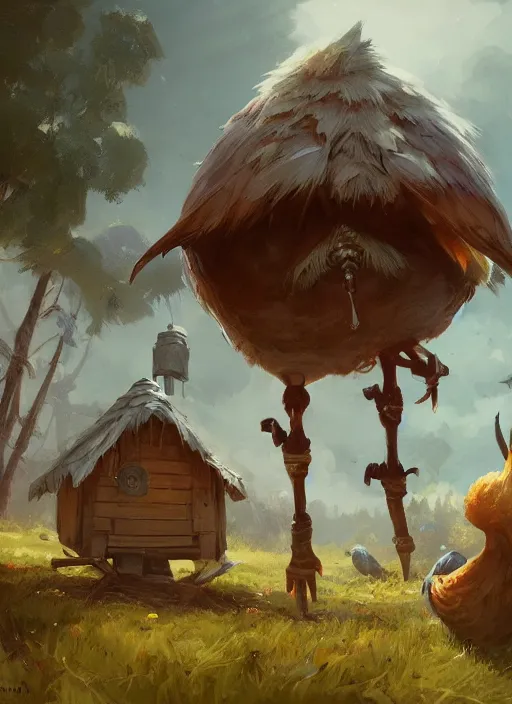 Prompt: hut with big chicken legs, greg rutkowski, zabrocki, karlkka, jayison devadas, trending on artstation, 8 k, ultra wide angle, zenith view, pincushion lens effect