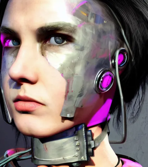 Image similar to detailed realistic female character cyberpunk wearing thick steel collar around neck, realistic, art, beautiful, 4K, collar, choker, collar around neck, punk, artstation, detailed, female, woman, choker, cyberpunk, neon, punk, collar, choker, collar around neck, thick collar, tight around neck, punk, choker, hyperrealistic, realistic, female, punk female,