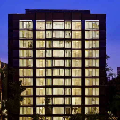 Prompt: Modern Apartment building with Beautiful Elaborate Architecture by Louis Comfort Tiffany, Victo Ngai, Clint Clearley, Daarken. Beautiful gardens. Nighttime. Apartment lights are on. DLSR. Streetlights. 4K HD