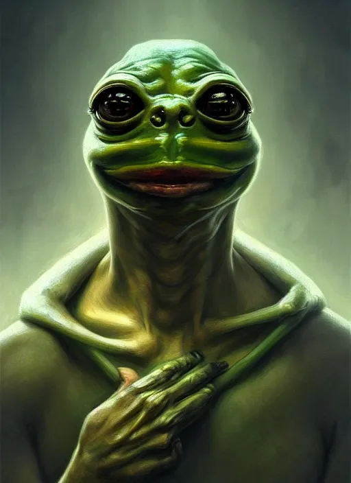 Image similar to 4 chan pepe, sad, portrait, intricate, elegant, highly detailed, digital painting, artstation, concept art, wallpaper, smooth, sharp focus, illustration, art by h. r. giger and artgerm and greg rutkowski and alphonse mucha