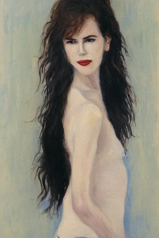 Image similar to 23 year old nicole kidman , loose messy hair , thoughtful eyes, wearing a thin white skimpy cotton camisole, pale skin, poised beautiful body, symmetrical face, zen aesthetic, interior design, amber and blue color scheme, sophisticated, pensive, contemplation, meditation, aloof, ethereal, oil painted canvas, loose brush strokes, Whistler painting