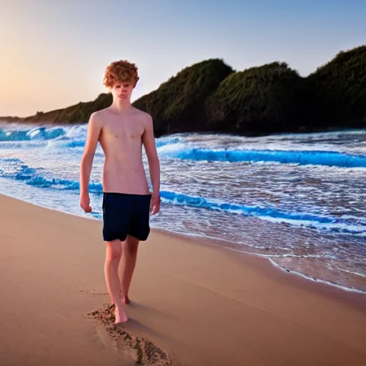 Prompt: beautiful teenage boy with pale skin amd natural hair is looking for something in the sand on the beach. Blue sky. Detailed face. Photo 8K.