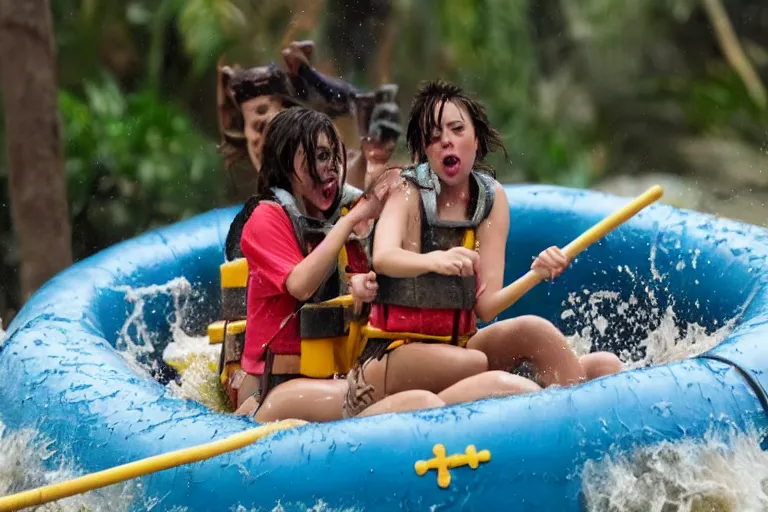 Image similar to Aubrey Plaza at Disney World riding Kali River Rapids, soaked, streaked makeup, deadpan, 8k detailed photo