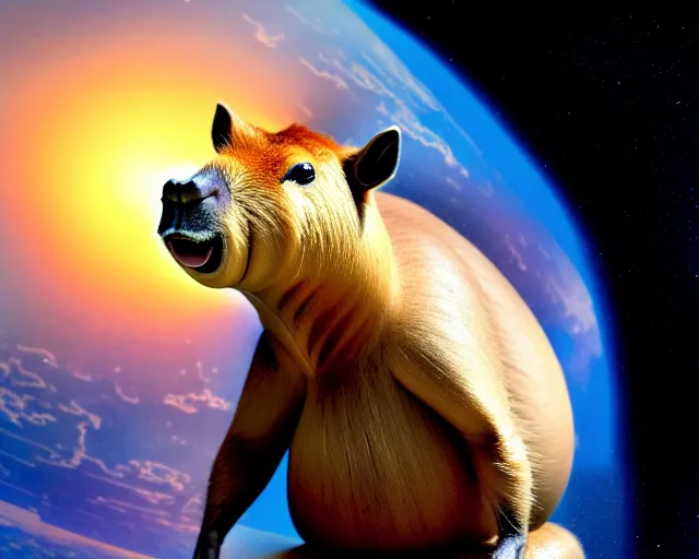 Image similar to a capybara is standing on astronaut, phantasia photo, concept art