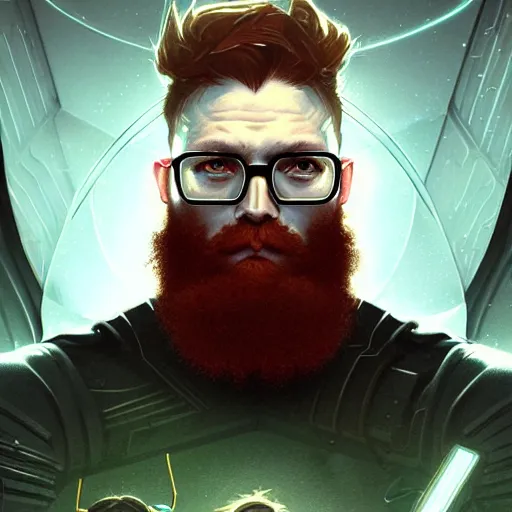 Prompt: portrait of a ginger bearded man with glasses, sci - fi techwear, muscular! cyberpunk, intricate, elegant, highly detailed, digital painting, artstation, concept art, sharp focus, illustration, art by artgerm and greg rutkowski and alphonse mucha