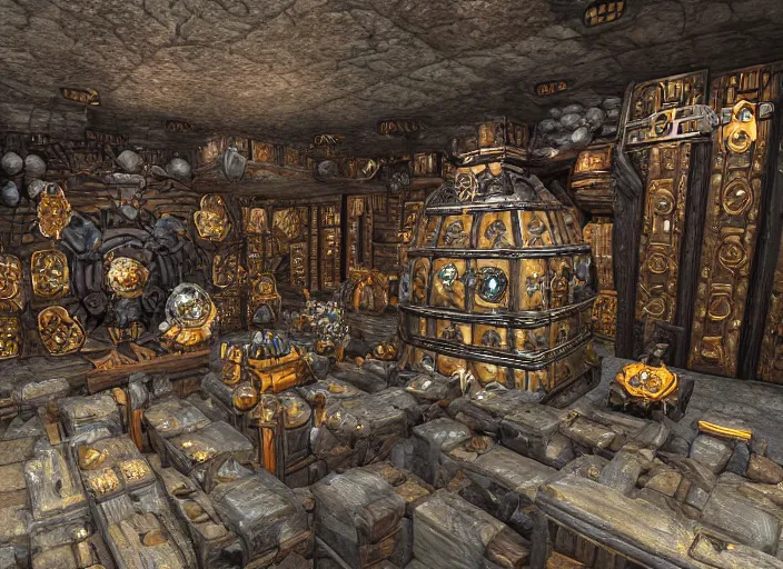 Image similar to a dwarven treasure room containing large multifaceted jewels, war hammers, and dwarven mining equipment