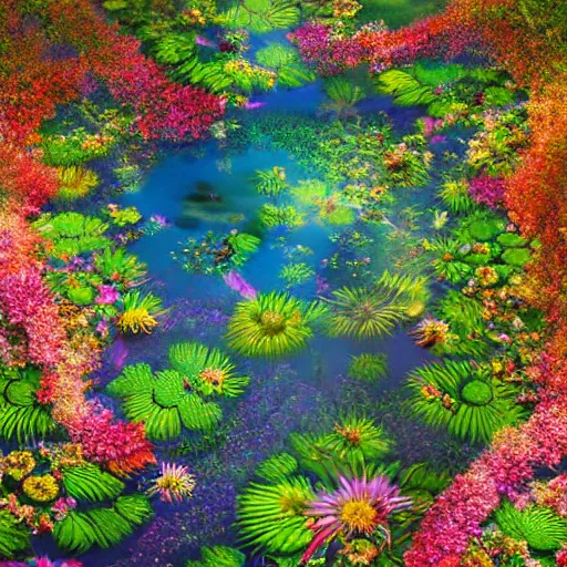 Prompt: !dream beautiful flowery swamp in the middle of nowhere. colorful day. beautiful render. wide lens. hyper realistic high detail 70mm. Illuatrative art nouveau:: hyperrealistic render::7 sharp image —no people