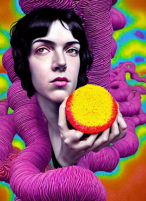 Image similar to hyper detailed 3d render like a Oil painting - Ramona Flowers with black hair in thick mascara seen seriously Eating of the Strangling network of colorful yellowcake and aerochrome and milky Fruit and Her delicate Hands hold of gossamer polyp blossoms bring iridescent fungal flowers whose spores black the foolish stars by Jacek Yerka, Mariusz Lewandowski, Houdini algorithmic generative render, Abstract brush strokes, Masterpiece, Edward Hopper and James Gilleard, Zdzislaw Beksinski, Mark Ryden, Wolfgang Lettl, Dan Hiller, hints of Yayoi Kasuma, octane render, 8k