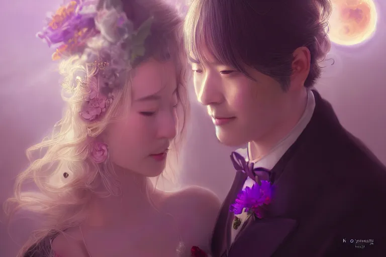 Image similar to a dreamlike cinematic portrait of wedding photograph jpeg close up moment of a divine a japan sun god and moon goddess lovers magician at a wedding banquet. portraiture. digital painting. artstation. concept art. fantasy wedding photo. digital painting, 8 k realistic, hyper detailed, violet evergarden art masterpiece by art by krenz cushart