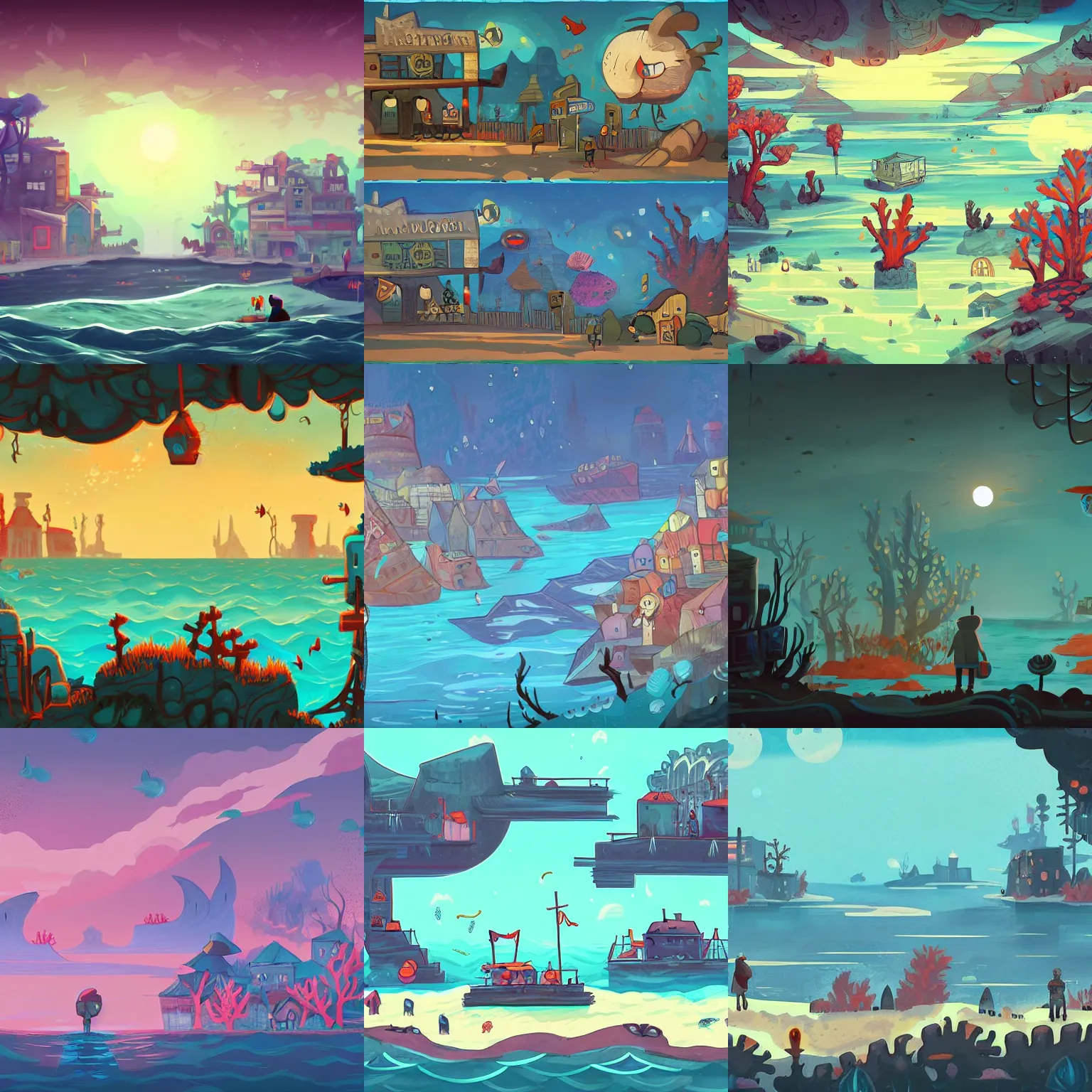 Prompt: beautiful art for a 2d side scroller game set in a post apocalyptic bustling sea fairing town with lots of coral and fish inspired by night in the woods