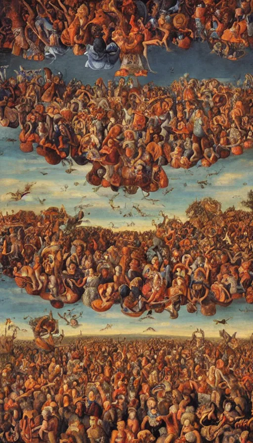 Image similar to Johfra bosschart painting of a bunch of people floating in the sky