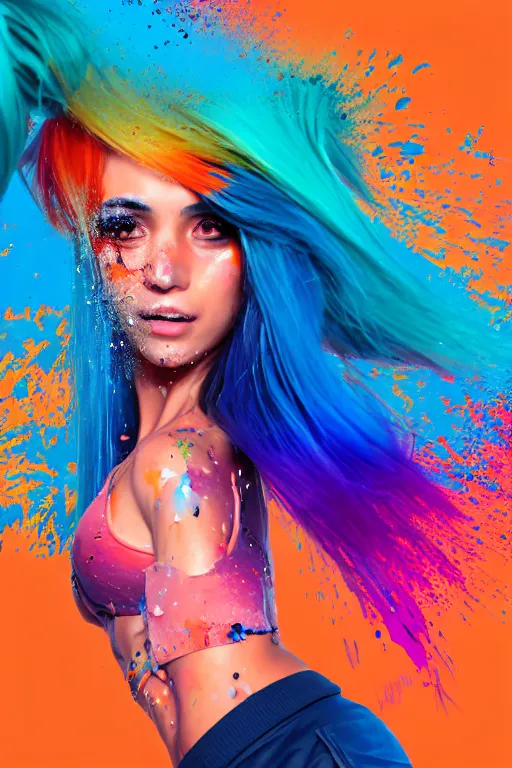 Image similar to a award winning half body portrait of a beautiful woman in a croptop and cargo pants with ombre orange blue teal hairstyle with head in motion and hair flying, paint splashes, splatter, outrun, vaporware, shaded flat illustration, digital art, trending on artstation, highly detailed, fine detail, intricate