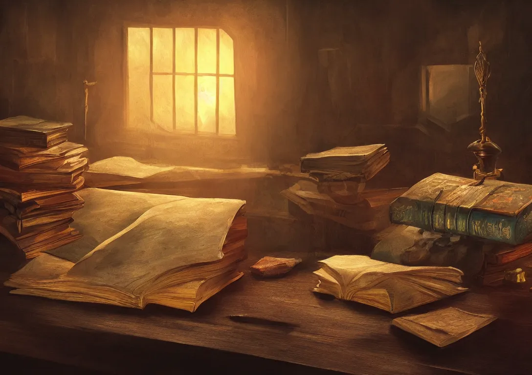 Image similar to a painting of a lone magical book laying open on a desk, fantasy concept art, golden hour, cinematic lighting, highly detailed