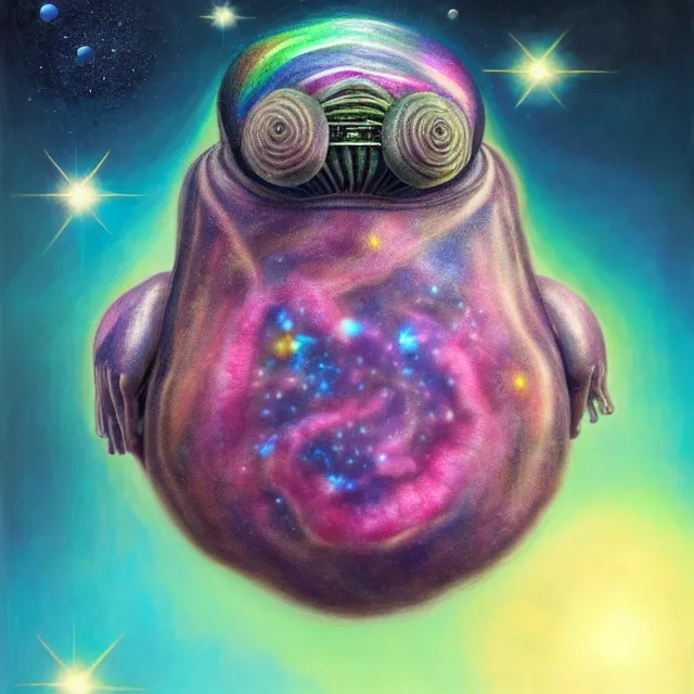 Image similar to a highly detailed tardigrade, it has rainbow hair and a beautiful unconventional face, floating through deep space, elegant, hyperrealistic, digital painting, artstation, realism, concept art, pop, smooth, mythological, sharp focus, qualia, illustration, art by mark ryden 3 d 8 k ultra detailed