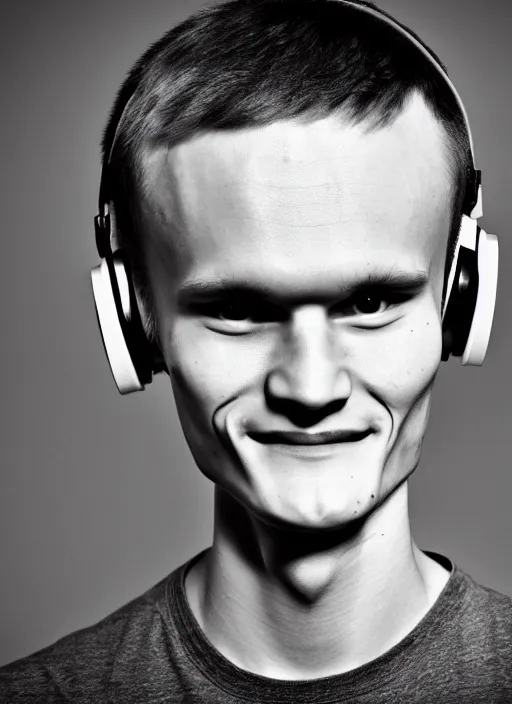 Image similar to beautiful smiling face, perfect symmetric face, coherent eyes, medium shot. vitalik buterin in headphones. vitalik buterin, medium shot, pixar style, high detail, very sharp, 4 k