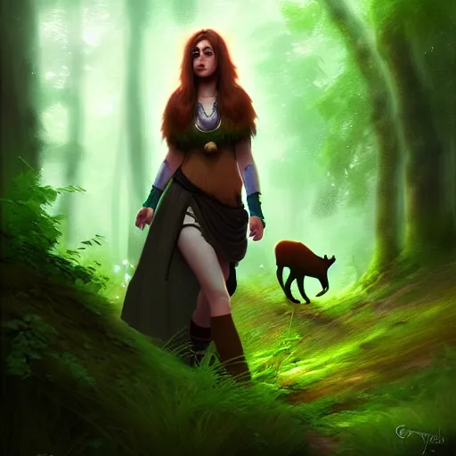 Prompt: a pretty female druid surrounded by forest animals, in the woods, hyper realistic, digital painting, photorealistic, in the style of greg rutkowski, full body, detailed face