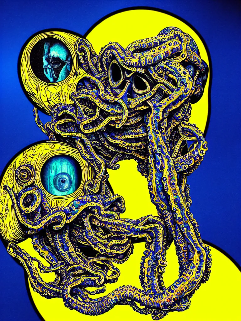 Image similar to a self portrait by the artist kelbv, in distinct hyper detailed style with tubes coming from eyes, and hollowed skull filled with blue and yellow paisley ellipsoids, perfect studio lighting against a backdrop of a still from the movie squid asthma.