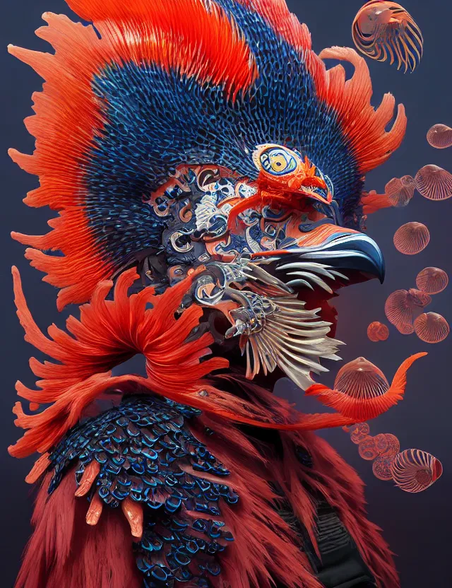 Prompt: 3 d shaman profile portrait. beautiful intricately detailed japanese crow kitsune mask and clasical japanese kimono. betta fish, jellyfish phoenix, bio luminescent, plasma, ice, water, wind, creature, artwork by tooth wu and wlop and beeple and greg rutkowski