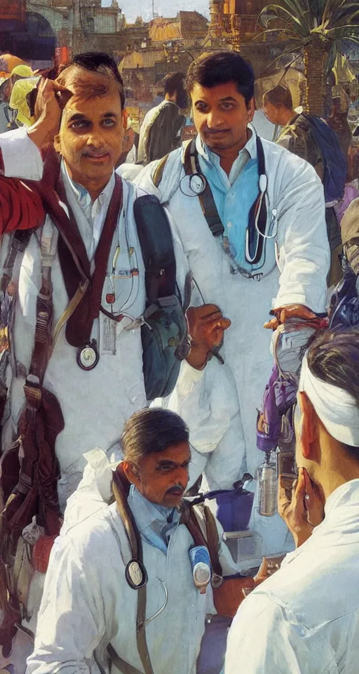 Prompt: close up of three Indian doctors in scrubs disembarking at Heathrow, sun shining, photo realistic illustration by greg rutkowski, thomas kindkade, alphonse mucha, loish, norman rockwell.