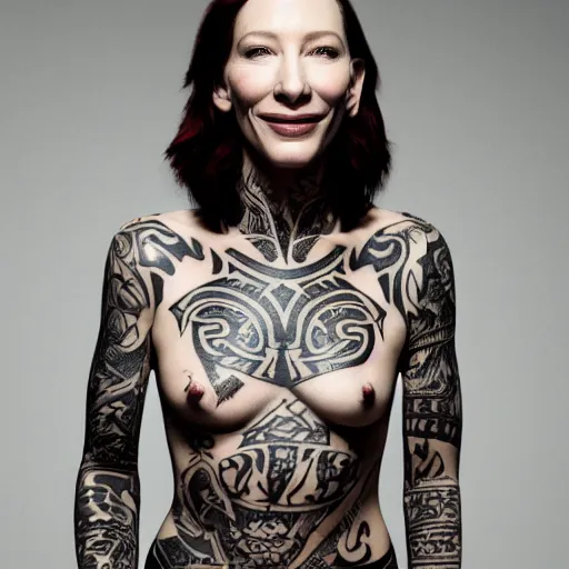 Prompt: high resolution image of cate blanchett with full body maori tattoos , highly detailed, photorealistic, 4k