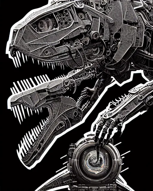 Image similar to a cyberpunk intricate mechanical robot t - rex dinosaur, transformer, high details, symmetry, bold line art, by vincent di fate, kim jung gi, joe fenton, inking, scifi, screen print, masterpiece, character concept art, trending on artstation, sharp, high contrast, ultrafine hyper detailed, comic book cover, hd, 4 k, 8 k