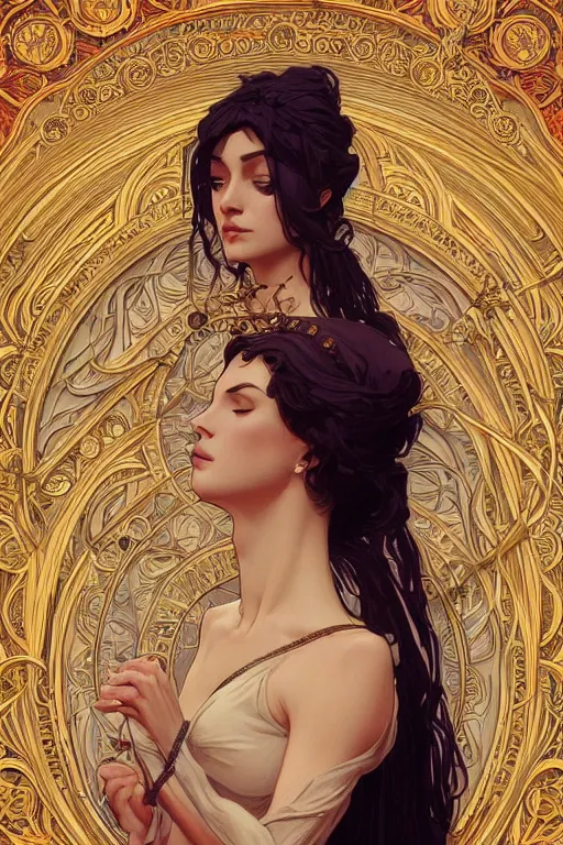 Image similar to high priestess, intricate, elegant, highly detailed, concept art, sharp focus, beautiful face!!, digital art, smooth defined outlines!!, human anatomy, human structure, by Brom, trending on Artstation, Alphonse Mucha