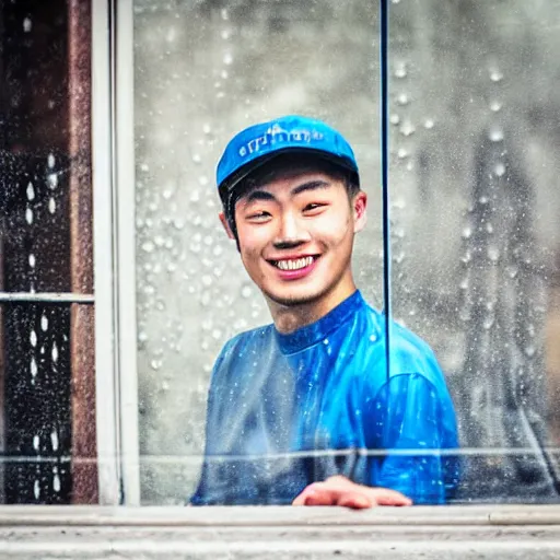 Prompt: a 2 5 years old chinese man, wearing a blue cap, smiling creepy, while looking trought a window, in the rain