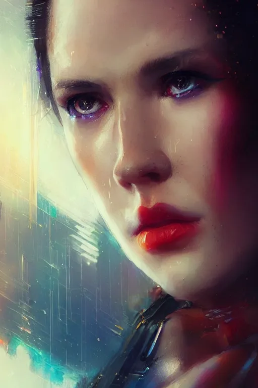 Image similar to jessica from bladerunner, seductive look, chromatic aberration, hyper realistic, highly detailed, digital painting, trending on artstation, concept art, sharp focus, illustration, art by wlop and artgerm and greg rutkowski and ayami kojima