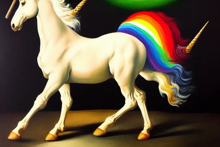 Prompt: detailed traditional painting of a unicorn walking on a rainbow, ((rainbow)) by Caravaggio, authentic, masterpiece, brush strokes, trending on artstation