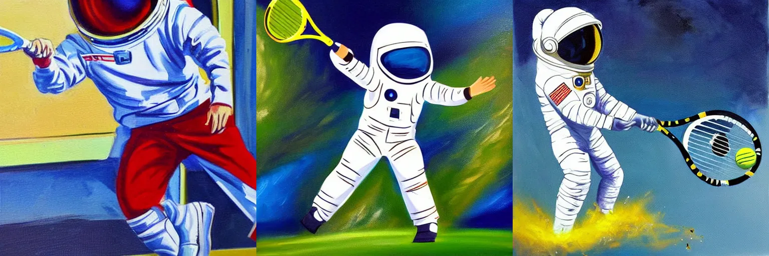 Prompt: beautiful painting of an astronaut playing tennis, action shot