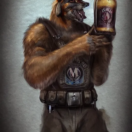 Image similar to a humanoid german shepherd beast - man in military style, holding a bottle of beer, artstation, concept art, smooth, sharp foccus ilustration, artstation