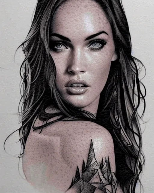 Image similar to creative double exposure effect tattoo design sketch of megan fox faded in beautiful mountain scenery, realism tattoo, in the style of matteo pasqualin, amazing detail, sharp