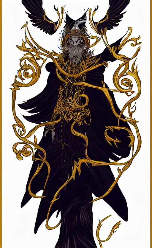 Image similar to raven headed male warlock doing wind magic, white and gold robes, exquisite details, full body character design on a white background, by studio muti