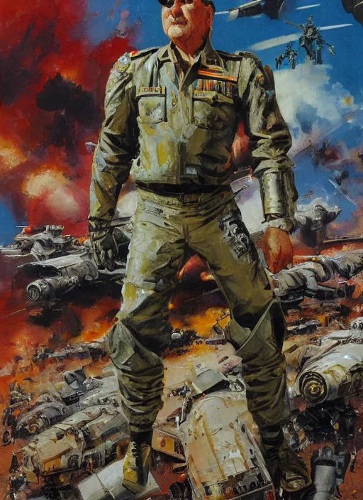 Prompt: cyborg militar pinochet painting by john berkey