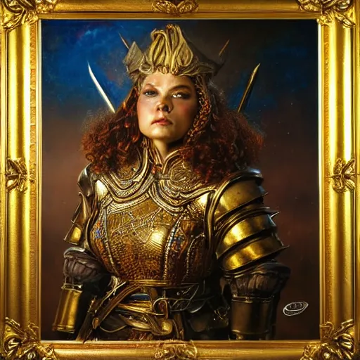 Prompt: realistic portrait of dwarf queen in armor, atmospheric lighting, painted, intricate, volumetric lighting, beautiful, washed deep colors masterpiece, golden hour, sharp focus, ultra detailed, by Chie Yoshii, Kai Carpenter, Ignacio Fernández Ríos