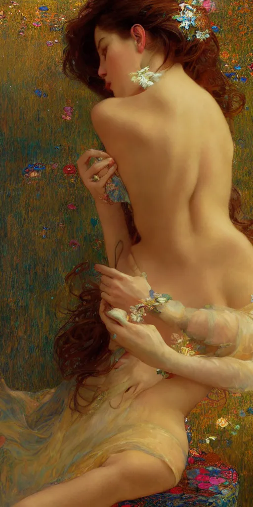 Image similar to an intricate painting of an artistic pose beautiful nymph with an artistic pose, hyper - detailed, covered in fancy silk cloth with klimt motives, octane render, vivid colors, artstation, by jeremy mann, by alphonse mucha, by boris vallejo, by gustav klimt