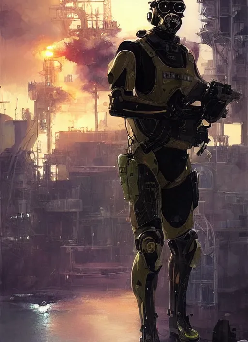 Image similar to Hector. USN blackops operator infiltrating oil rig. Operator wearing Futuristic cyberpunk tactical wetsuit. Frogtrooper. rb6s, MGS, and splinter cell Concept art by James Gurney, greg rutkowski, and Alphonso Mucha. Vivid color scheme.