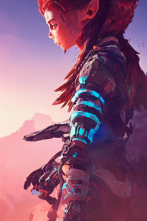 Image similar to combination suit armor aloy horizon forbidden west horizon zero dawn radiating a glowing aura global illumination ray tracing hdr fanart arstation by ian pesty and alena aenami artworks in 4 k tribal robot ninja mask helmet backpack