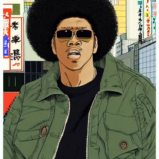 Image similar to illustration by katsuhiro otomo, black man with afro hair, stubble, wearing an adidas army green jacket, in the streets of tokyo, akira style, by katsuhiro otomo