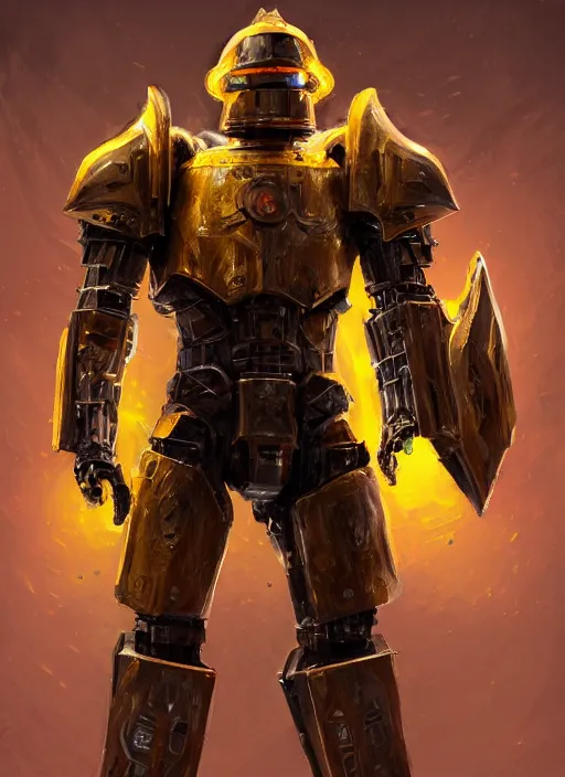 Image similar to full body, dynamic attack position abstract portrait of a intricate glorious holy mechanical warforged character in yellow armor holding a paladin engraved great longsword drawn and carrying a big paladin shield, glowing red eye, face in focus, pit droid, epic , trending on ArtStation, masterpiece, cinematic lighting, by Ross Tran and by Greg Rutkowski